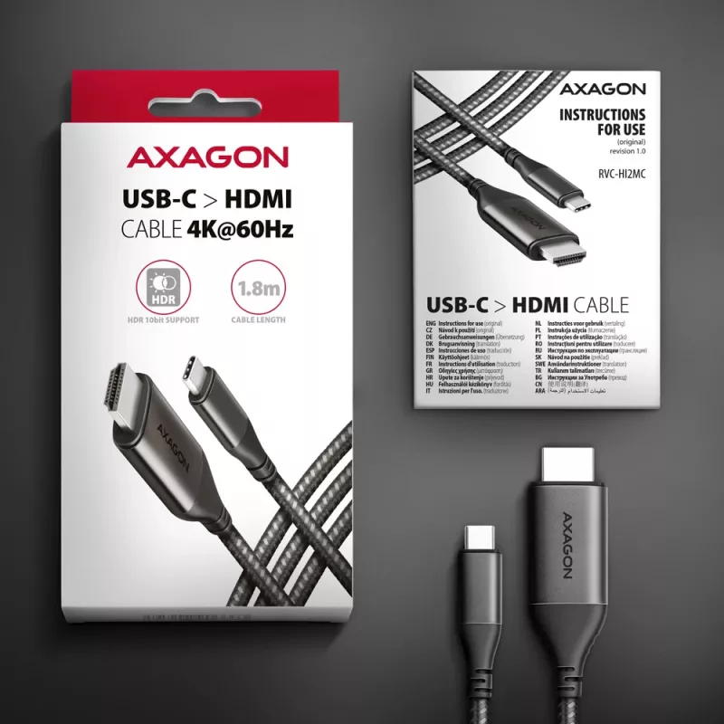 Aktyvus USB-C → HDMI 2.0a laidas Axagon RVC-HI2MC, 1.8 m, 4K/60Hz, HDR10