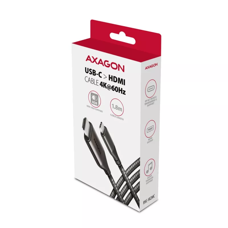 Aktyvus USB-C → HDMI 2.0a laidas Axagon RVC-HI2MC, 1.8 m, 4K/60Hz, HDR10