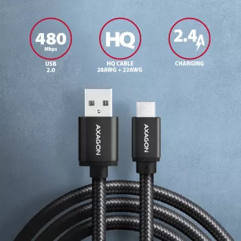Axagon BUMM-AM10AB HQ laidas Micro USB <-> USB-A, 1m, USB 2.0, 2.4A, ALU, pintas, juodas