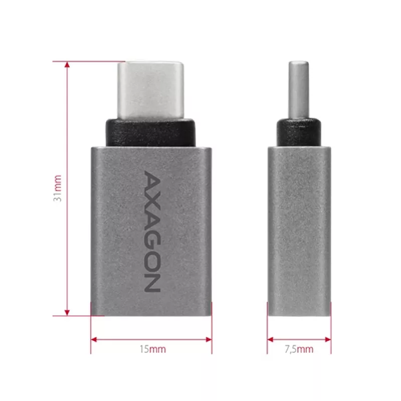 Axagon RUCM-AFA adapter USB-C (kištukas) į USB-A (lizdas), USB 3.2 Gen 2, 3A, ALU
