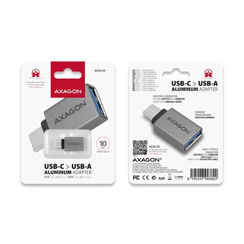 Axagon RUCM-AFA adapter USB-C (kištukas) į USB-A (lizdas), USB 3.2 Gen 2, 3A, ALU
