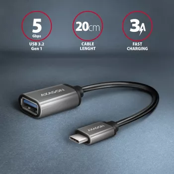 Adapteris Axagon RUCM-AFAC USB-C (M) → USB-A (F), 20 cm, USB 3.2 Gen 1, 3 A, ALU