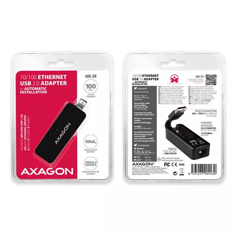 AXAGON ADE-XR USB 2.0 Type-A Fast Ethernet 10/100 adapteris, juodas, 0,023 kg