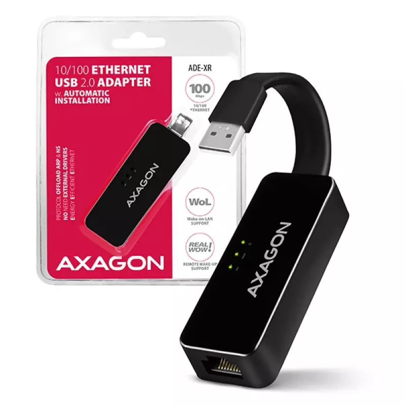 AXAGON ADE-XR USB 2.0 Type-A Fast Ethernet 10/100 adapteris, juodas, 0,023 kg