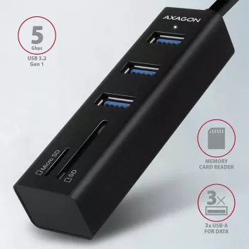 Axagon HMA-CR3A Metalinis USB 3.2 Gen 1 kelių prievadų šakotuvas su trimis USB prievadais ir kortelių skaitytuvu