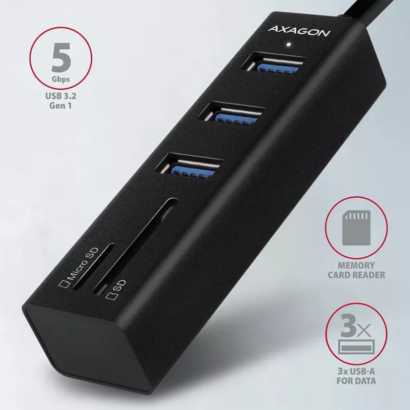 Axagon HMA-CR3A Metalinis USB 3.2 Gen 1 kelių prievadų šakotuvas su trimis USB prievadais ir kortelių skaitytuvu