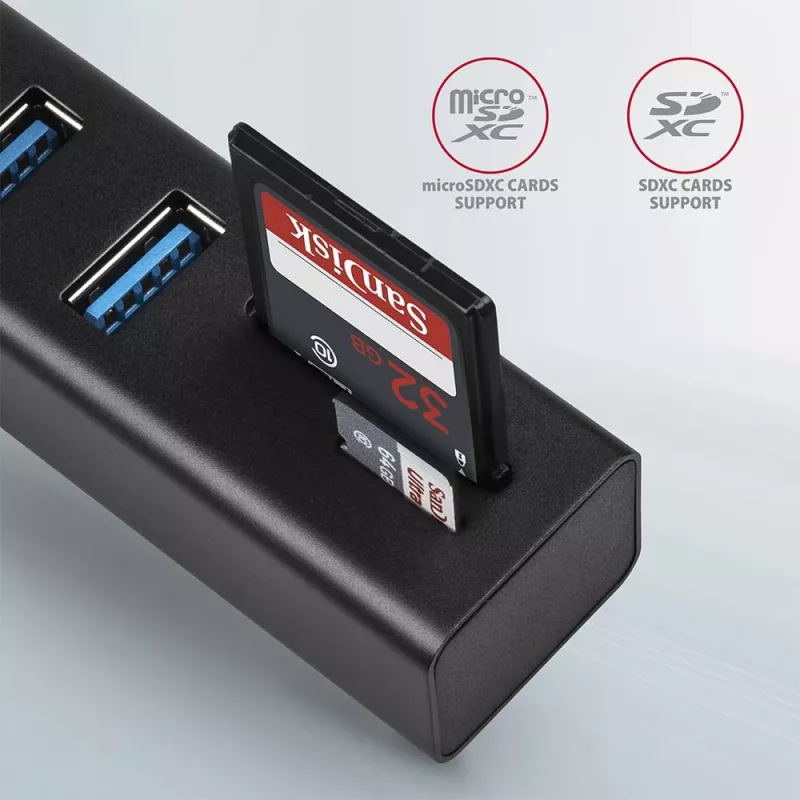 Axagon HMA-CR3A Metalinis USB 3.2 Gen 1 kelių prievadų šakotuvas su trimis USB prievadais ir kortelių skaitytuvu