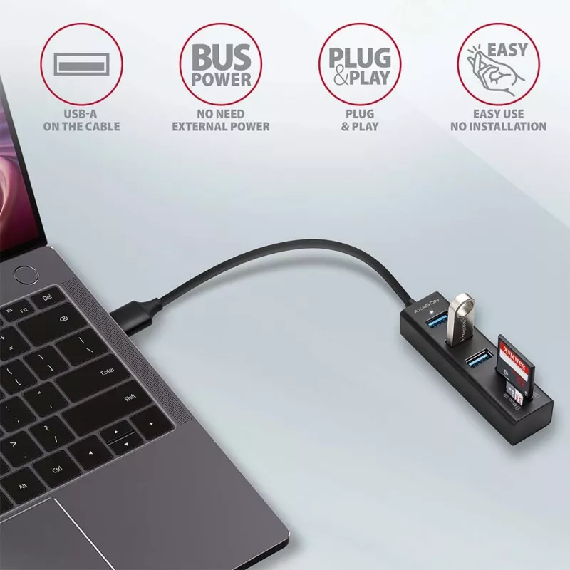 Axagon HMA-CR3A Metalinis USB 3.2 Gen 1 kelių prievadų šakotuvas su trimis USB prievadais ir kortelių skaitytuvu