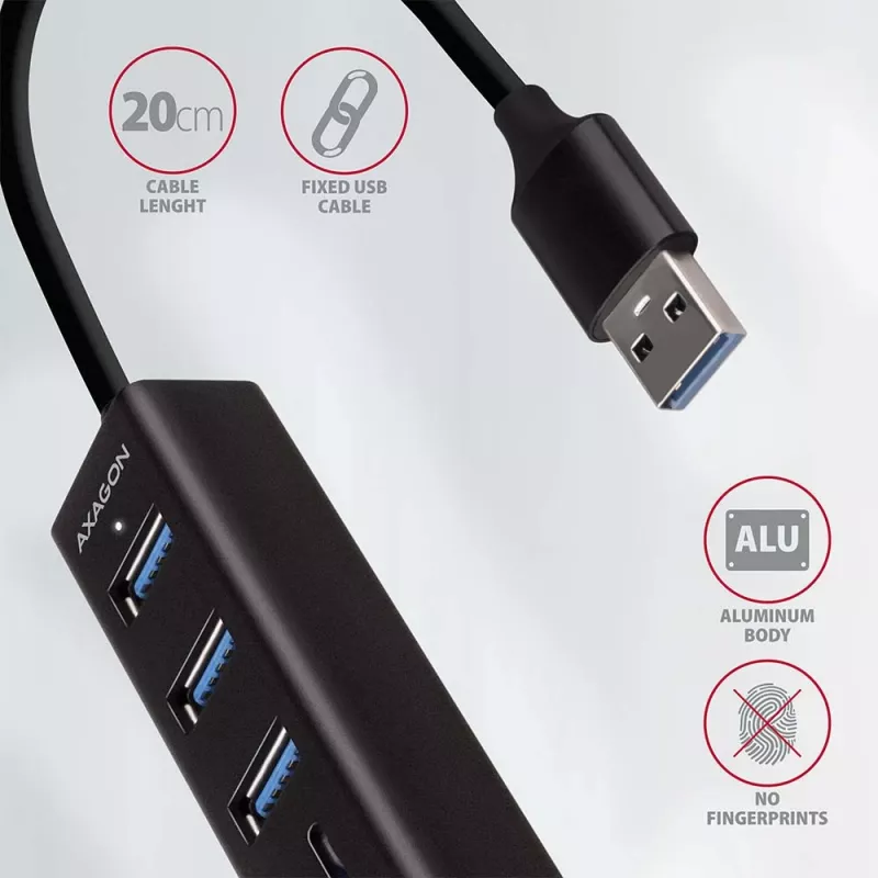 Axagon HMA-CR3A Metalinis USB 3.2 Gen 1 kelių prievadų šakotuvas su trimis USB prievadais ir kortelių skaitytuvu