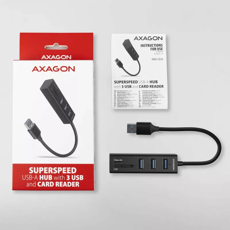 Axagon HMA-CR3A Metalinis USB 3.2 Gen 1 kelių prievadų šakotuvas su trimis USB prievadais ir kortelių skaitytuvu