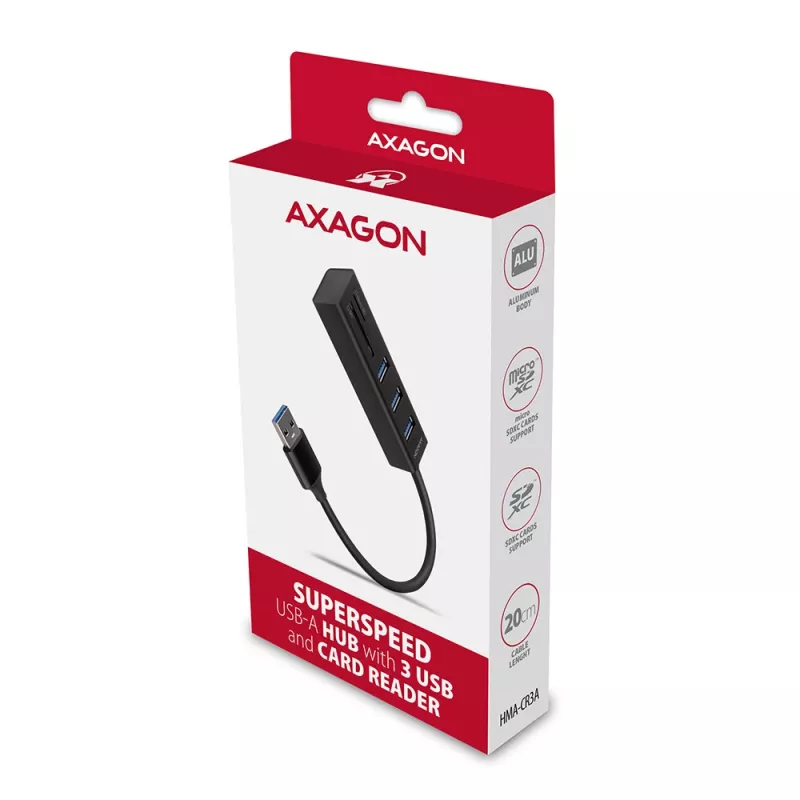 Axagon HMA-CR3A Metalinis USB 3.2 Gen 1 kelių prievadų šakotuvas su trimis USB prievadais ir kortelių skaitytuvu