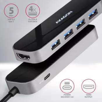 USB-C 3.2 Gen 1 šakotuvas Axagon HMC-6H4A, 4x USB-A, HDMI 4K/30Hz, PD 100W, 20cm USB-C kabelis