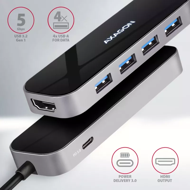 USB-C 3.2 Gen 1 šakotuvas Axagon HMC-6H4A, 4x USB-A, HDMI 4K/30Hz, PD 100W, 20cm USB-C kabelis