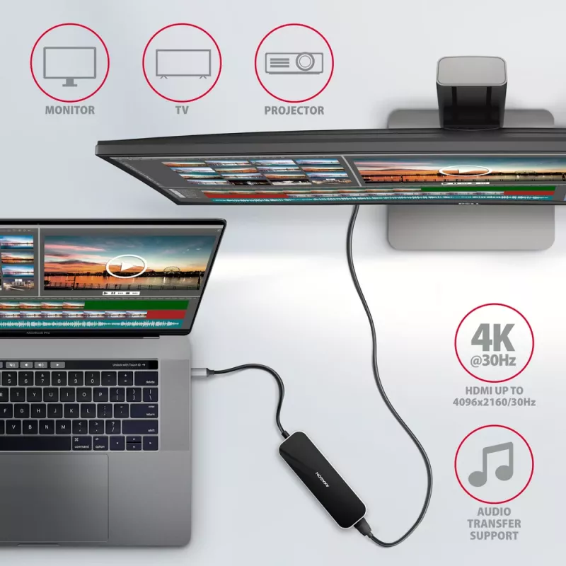 USB-C 3.2 Gen 1 šakotuvas Axagon HMC-6H4A, 4x USB-A, HDMI 4K/30Hz, PD 100W, 20cm USB-C kabelis