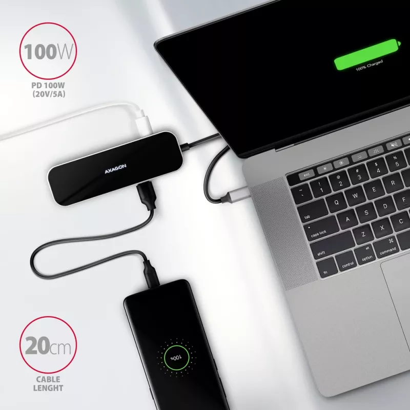 USB-C 3.2 Gen 1 šakotuvas Axagon HMC-6H4A, 4x USB-A, HDMI 4K/30Hz, PD 100W, 20cm USB-C kabelis