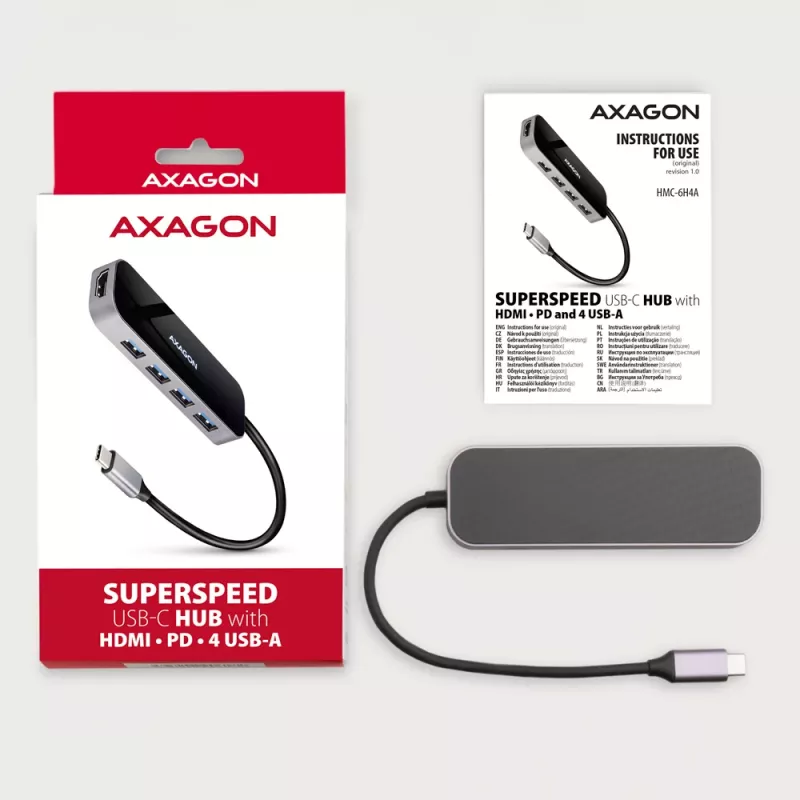 USB-C 3.2 Gen 1 šakotuvas Axagon HMC-6H4A, 4x USB-A, HDMI 4K/30Hz, PD 100W, 20cm USB-C kabelis