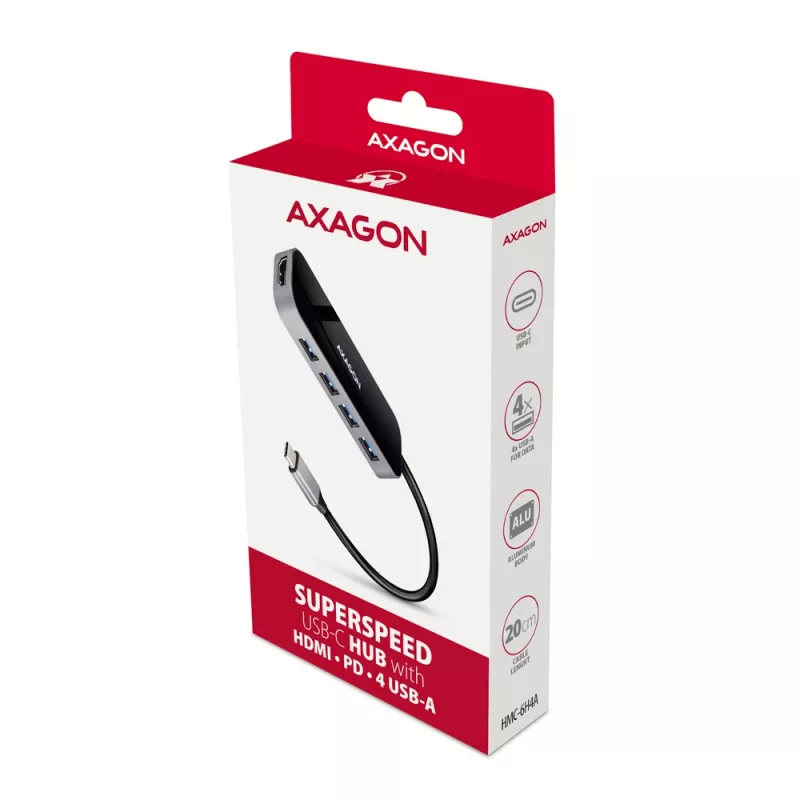 USB-C 3.2 Gen 1 šakotuvas Axagon HMC-6H4A, 4x USB-A, HDMI 4K/30Hz, PD 100W, 20cm USB-C kabelis