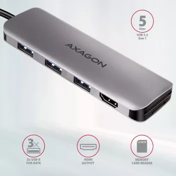 USB-C 3.2 Gen 1 5-in-1 stotelė Axagon HMC-HCR3A su 3x USB-A, HDMI, SD/microSD kortelių skaitytuvu, 20 cm kabeliu