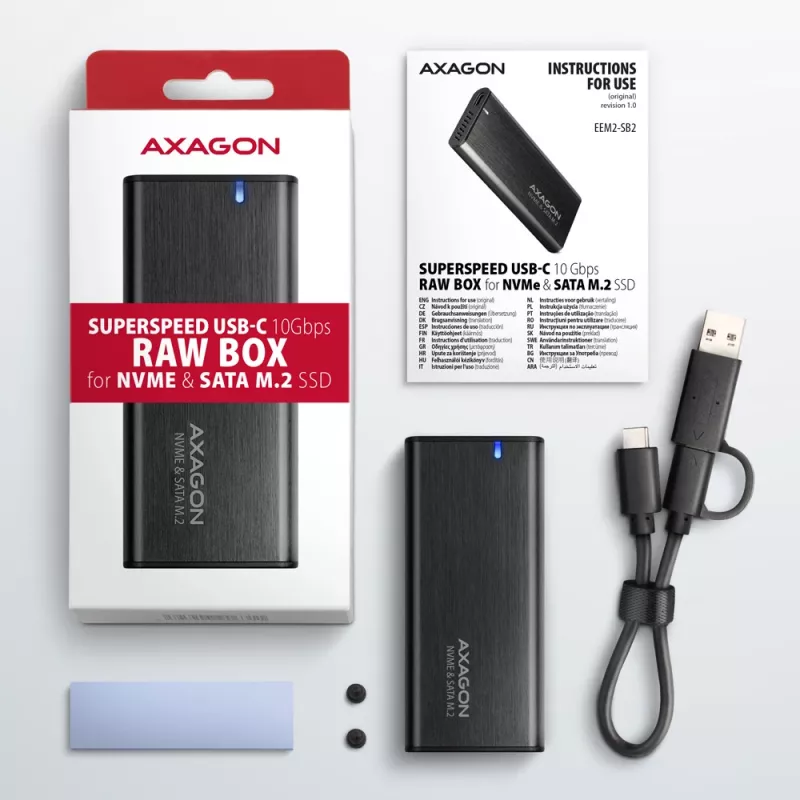 Išorinis M.2 NVMe ir SATA SSD dėklas Axagon EEM2-SB2 USB-C 3.2 Gen 2