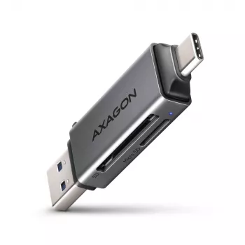 Axagon CRE-DAC USB-C + USB-A 5 Gbps MINI 2 lizdų SD/microSD kortelių skaitytuvas USB 3.0 Type-A/Type-C pilka