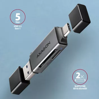 Axagon CRE-DAC USB-C + USB-A 5 Gbps MINI 2 lizdų SD/microSD kortelių skaitytuvas USB 3.0 Type-A/Type-C pilka