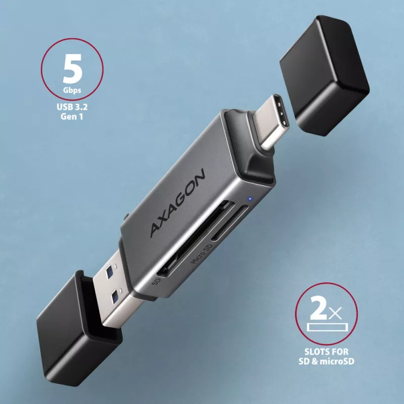 Axagon CRE-DAC USB-C + USB-A 5 Gbps MINI 2 lizdų SD/microSD kortelių skaitytuvas USB 3.0 Type-A/Type-C pilka