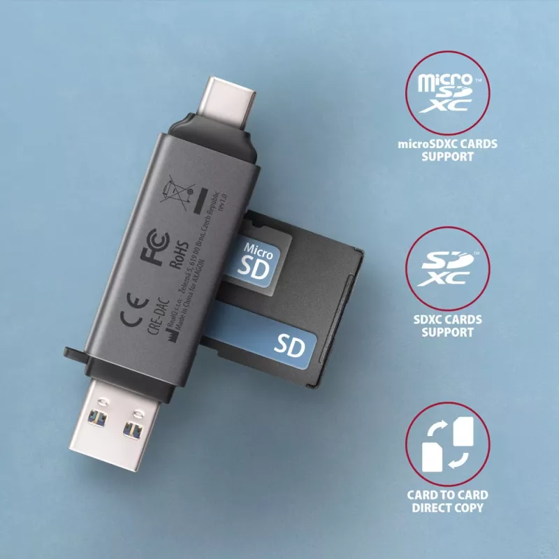 Axagon CRE-DAC USB-C + USB-A 5 Gbps MINI 2 lizdų SD/microSD kortelių skaitytuvas USB 3.0 Type-A/Type-C pilka