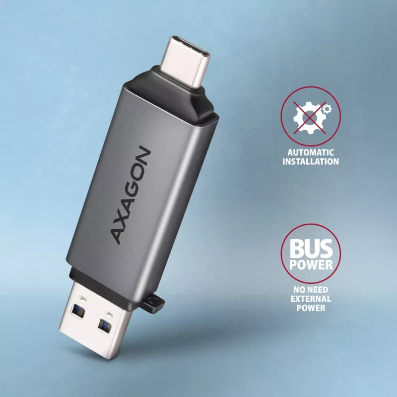 Axagon CRE-DAC USB-C + USB-A 5 Gbps MINI 2 lizdų SD/microSD kortelių skaitytuvas USB 3.0 Type-A/Type-C pilka