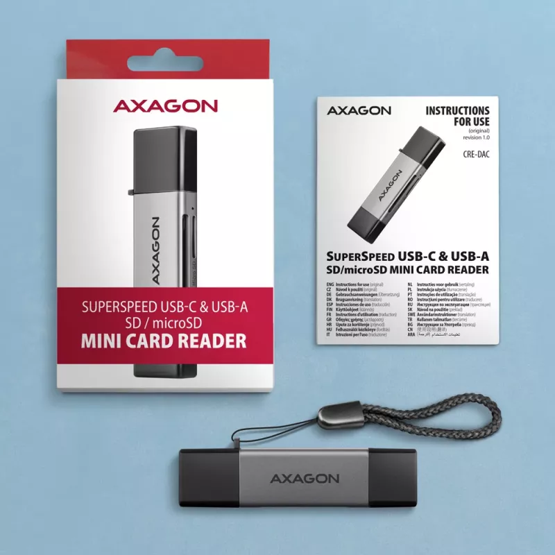 Axagon CRE-DAC USB-C + USB-A 5 Gbps MINI 2 lizdų SD/microSD kortelių skaitytuvas USB 3.0 Type-A/Type-C pilka