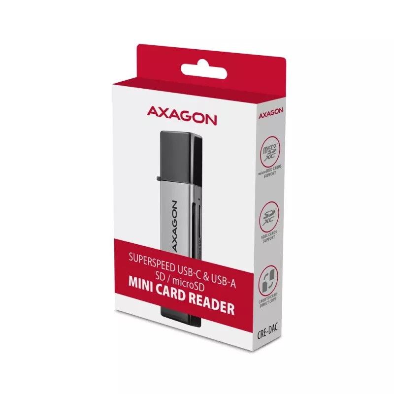 Axagon CRE-DAC USB-C + USB-A 5 Gbps MINI 2 lizdų SD/microSD kortelių skaitytuvas USB 3.0 Type-A/Type-C pilka