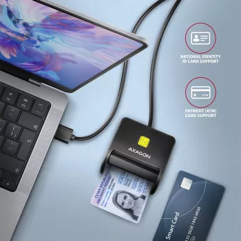 Axagon CRE-SM3N USB-A išmaniosios kortelės / asmens tapatybės kortelės plokščiasis skaitytuvas, USB 2.0, 1,3 m, juodas, 57 g