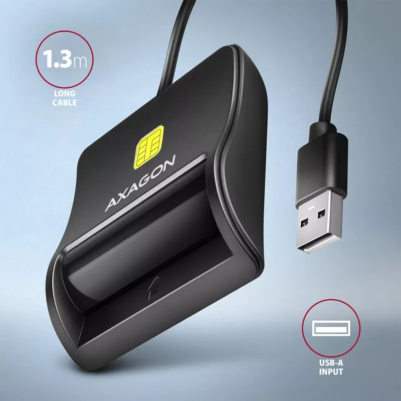 Axagon CRE-SM3N USB-A išmaniosios kortelės / asmens tapatybės kortelės plokščiasis skaitytuvas, USB 2.0, 1,3 m, juodas, 57 g