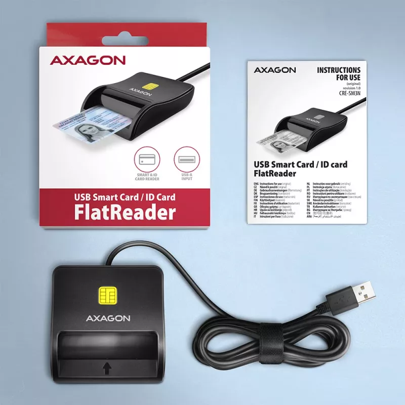 Axagon CRE-SM3N USB-A išmaniosios kortelės / asmens tapatybės kortelės plokščiasis skaitytuvas, USB 2.0, 1,3 m, juodas, 57 g