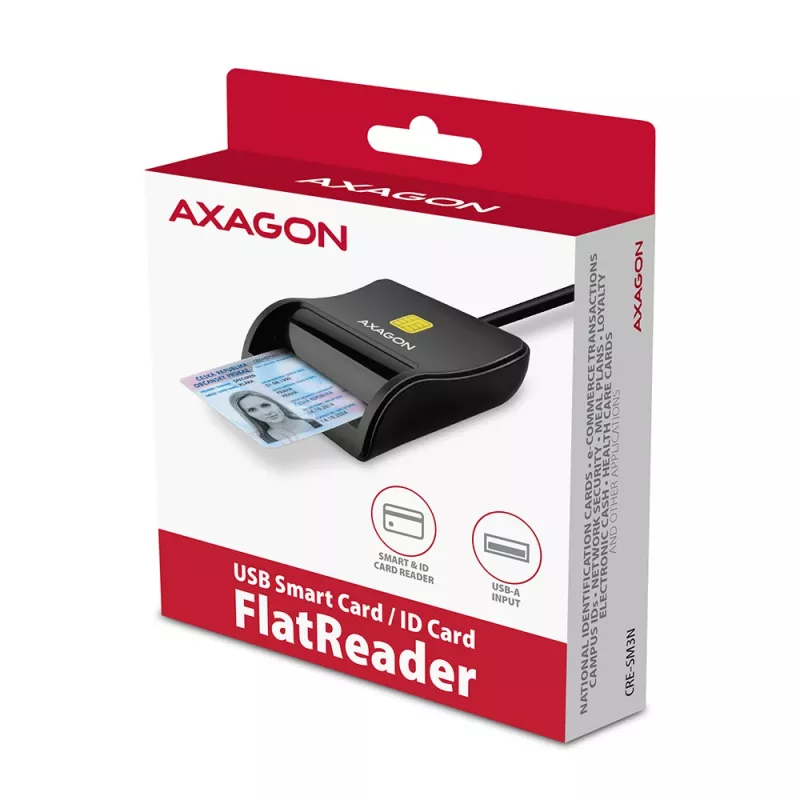 Axagon CRE-SM3N USB-A išmaniosios kortelės / asmens tapatybės kortelės plokščiasis skaitytuvas, USB 2.0, 1,3 m, juodas, 57 g