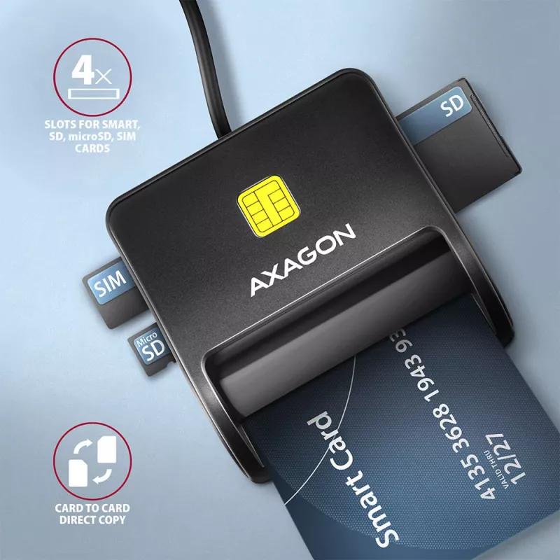 Axagon CRE-SM3SD USB kortelių skaitytuvas – išmaniosios kortelės, SD/microSD/SIM, USB 2.0, juodas