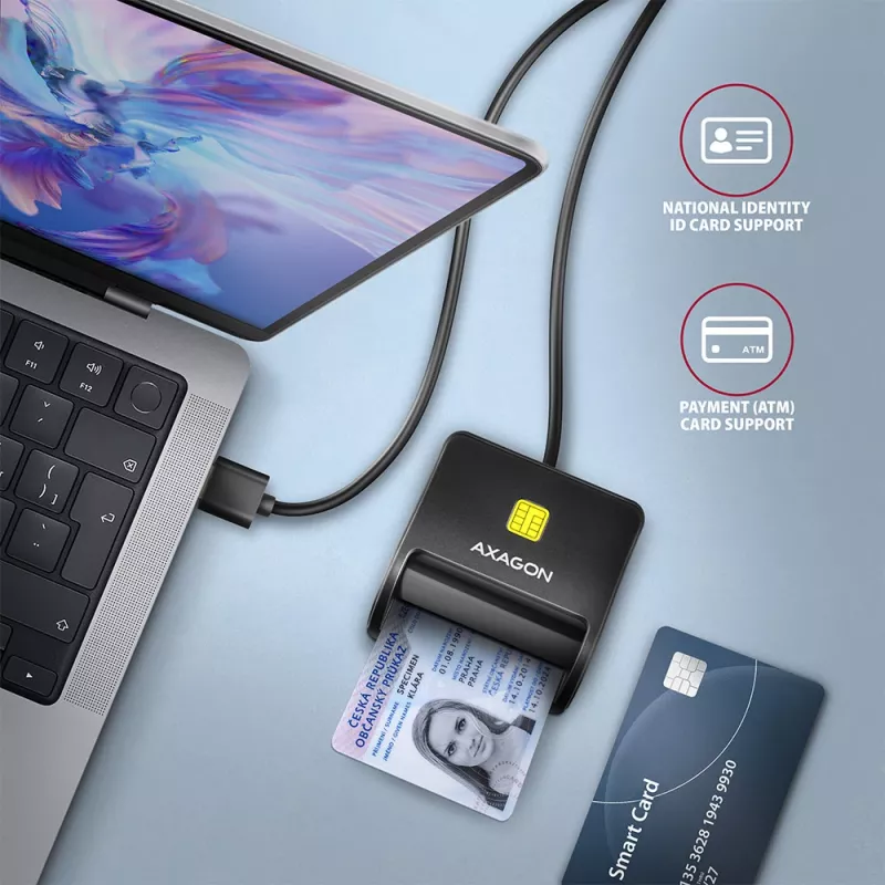Axagon CRE-SM3SD USB kortelių skaitytuvas – išmaniosios kortelės, SD/microSD/SIM, USB 2.0, juodas