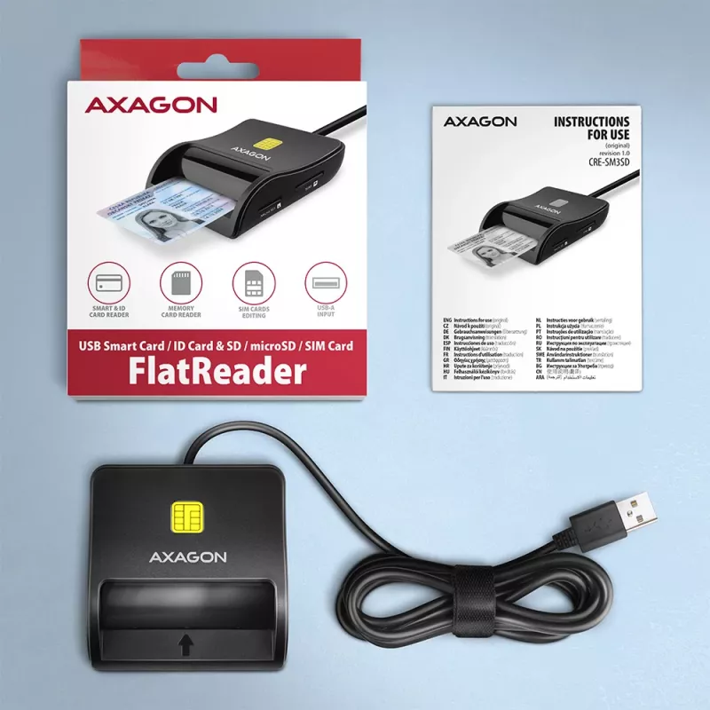 Axagon CRE-SM3SD USB kortelių skaitytuvas – išmaniosios kortelės, SD/microSD/SIM, USB 2.0, juodas