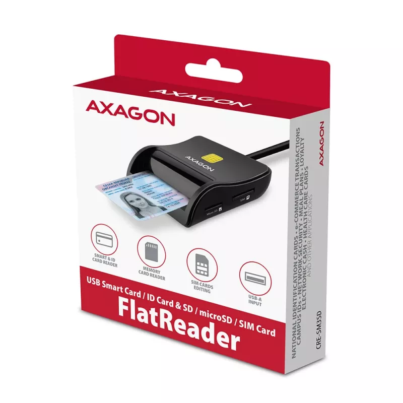 Axagon CRE-SM3SD USB kortelių skaitytuvas – išmaniosios kortelės, SD/microSD/SIM, USB 2.0, juodas