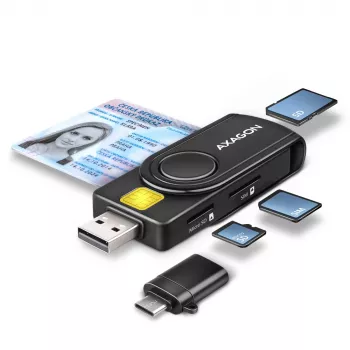 Axagon CRE-SMP2A USB Smart Card ir SD/microSD/SIM skaitytuvas, USB Type-A / USB Type-C, juodas