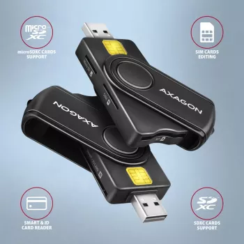 Axagon CRE-SMP2A USB Smart Card ir SD/microSD/SIM skaitytuvas, USB Type-A / USB Type-C, juodas