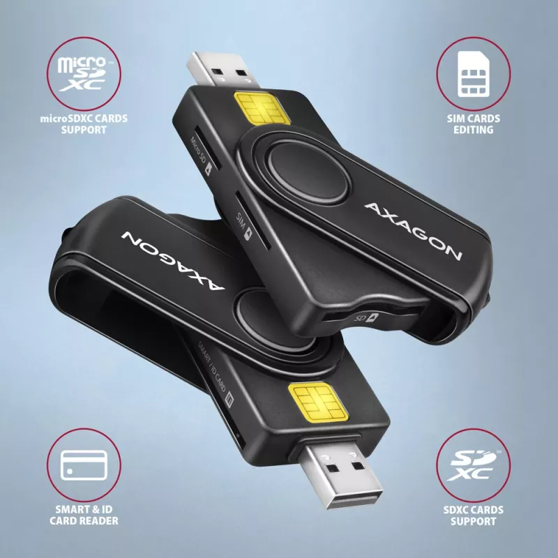 Axagon CRE-SMP2A USB Smart Card ir SD/microSD/SIM skaitytuvas, USB Type-A / USB Type-C, juodas