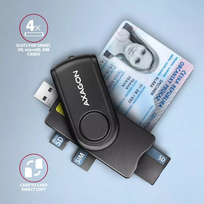 Axagon CRE-SMP2A USB Smart Card ir SD/microSD/SIM skaitytuvas, USB Type-A / USB Type-C, juodas