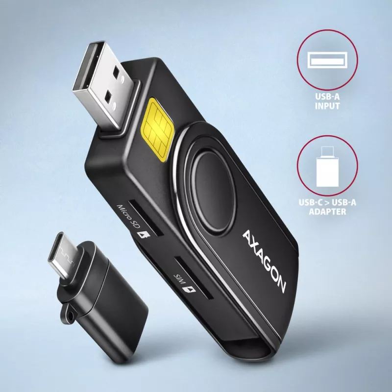 Axagon CRE-SMP2A USB Smart Card ir SD/microSD/SIM skaitytuvas, USB Type-A / USB Type-C, juodas