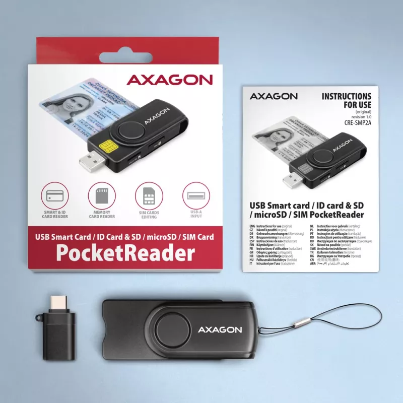 Axagon CRE-SMP2A USB Smart Card ir SD/microSD/SIM skaitytuvas, USB Type-A / USB Type-C, juodas