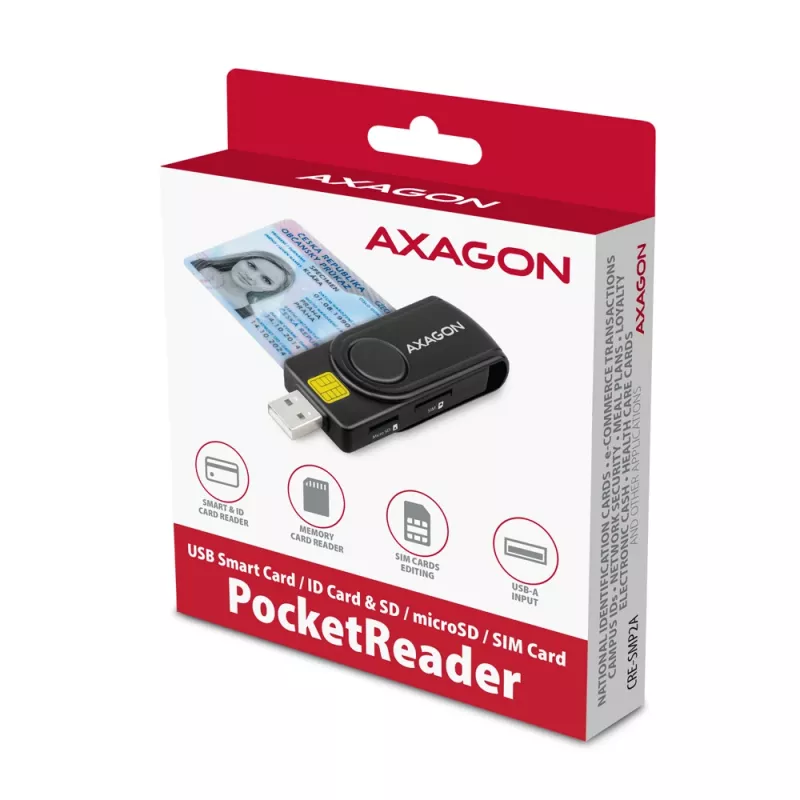 Axagon CRE-SMP2A USB Smart Card ir SD/microSD/SIM skaitytuvas, USB Type-A / USB Type-C, juodas