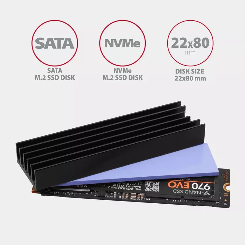 Axagon CLR-M2L10 Pasyvus aliumininis radiatorių šilumos šalintuvas M.2 SSD diskams, dydis 2280, aukštis 10 mm