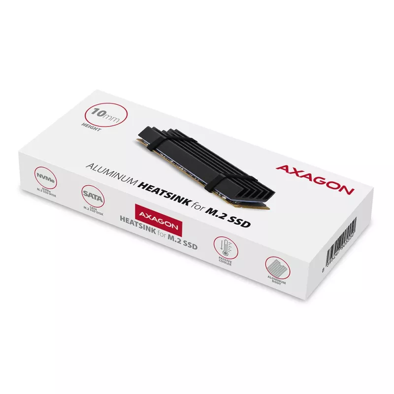 Axagon CLR-M2L10 Pasyvus aliumininis radiatorių šilumos šalintuvas M.2 SSD diskams, dydis 2280, aukštis 10 mm