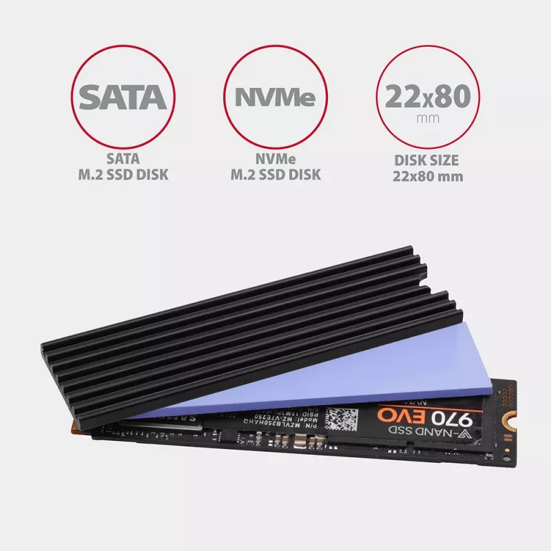 Axagon CLR-M2L3 Pasyvus aliumininis radiatoriuss M.2 SSD, dydis 2280, aukštis 3 mm