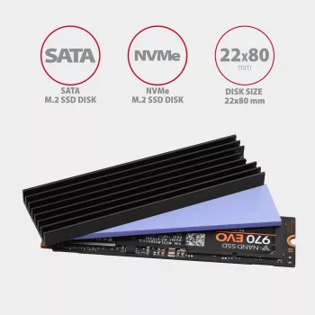 Axagon CLR-M2L6 Pasyvus aliumininis radiatoriaus šilumos šalintuvas M.2 SSD diskams, dydis 2280, aukštis 6 mm
