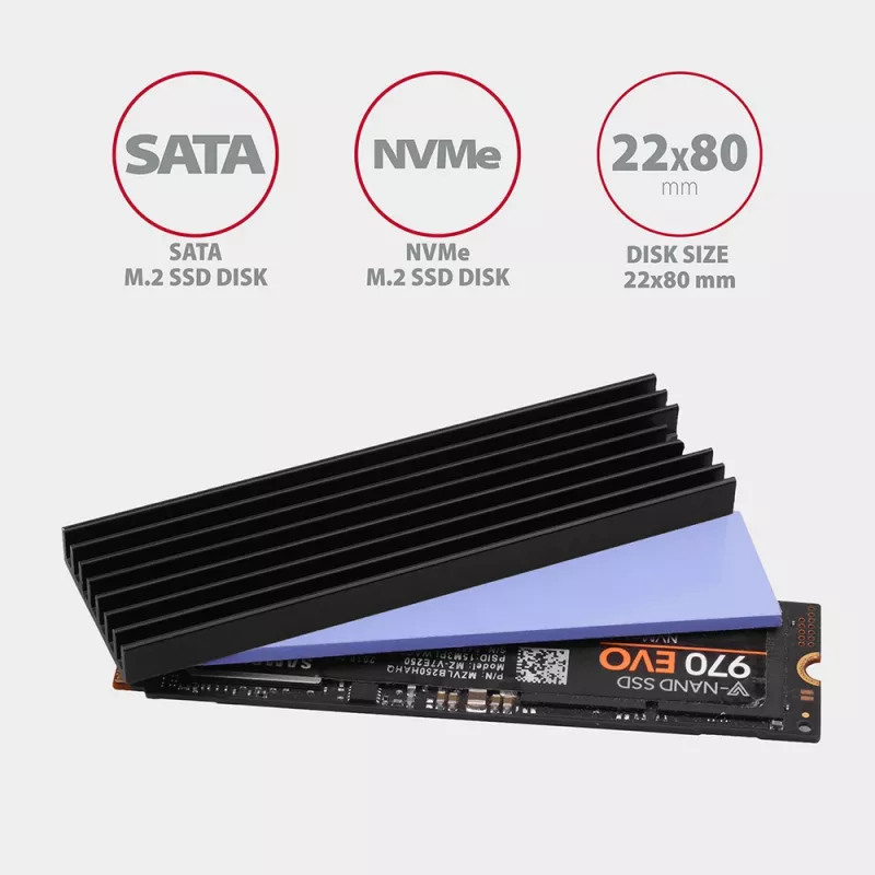 Axagon CLR-M2L6 Pasyvus aliumininis radiatoriaus šilumos šalintuvas M.2 SSD diskams, dydis 2280, aukštis 6 mm